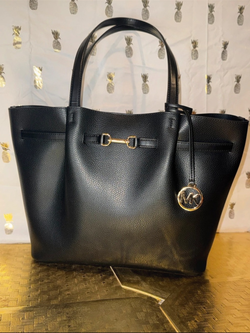 Michael Kors Black Leather Large Tote Bag with Gold Accents